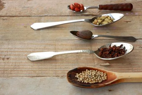 Spices over spoons Stock Photos