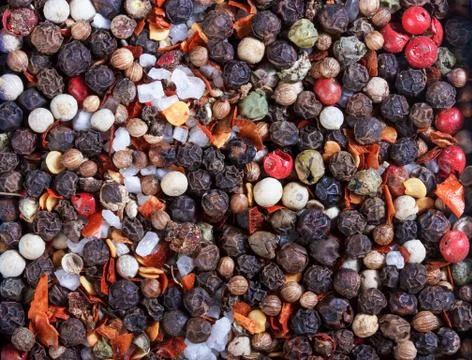 Spices pepper, thyme, close-up, background, red pepper, salt, photo. Stock Photos