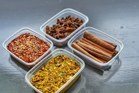 Spices in plastic containers with bamboo brush Stock Photos