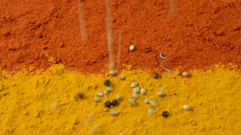 Spices, red chilli powder and turmeric background Stock Footage 132867868
