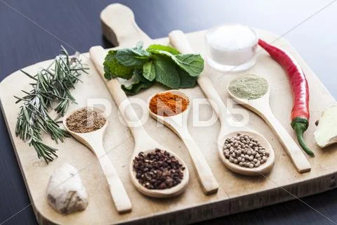 Spices On Rustic Wooden Spoons