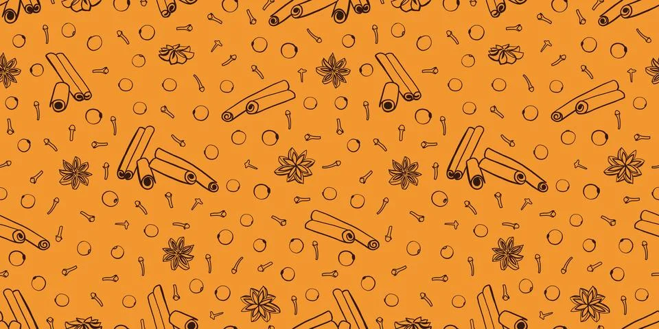 Spices seamless pattern with cinnamon, star anise, cloves, pepper, and berr.. Stock Illustration