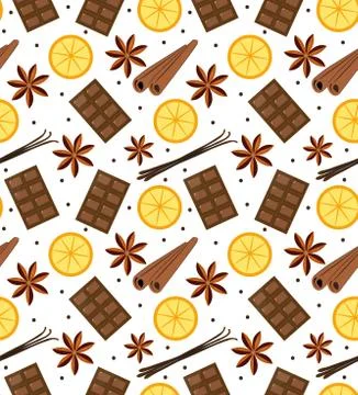 Spices seamless pattern. Mulled wine and chocolate endless background, text.. Stock Illustration