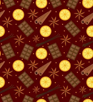Spices seamless pattern. Mulled wine and chocolate endless background, texture Stock Illustration