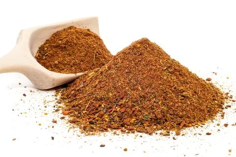 Spices. A slide of different types of spices close-up on a white background. Stock Photos