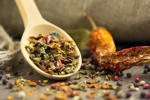 Spices in the spoon with chilli Stock Photos