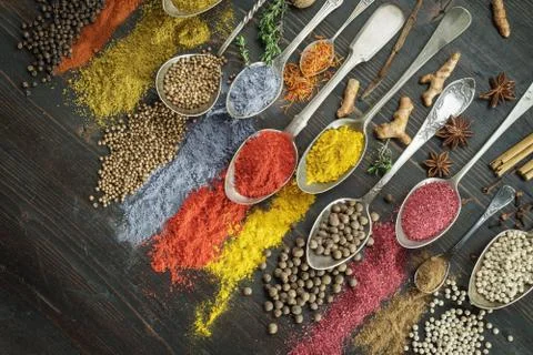 Spices on spoons with diagonal composition Fotos de archivo