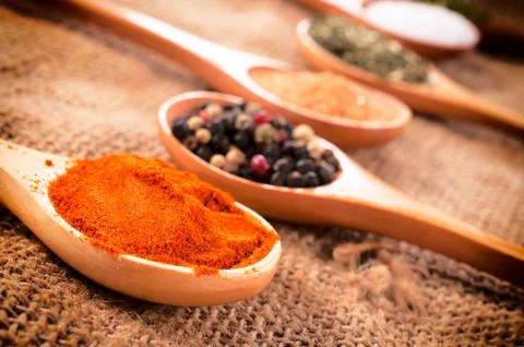 Spices in spoons Foto stock