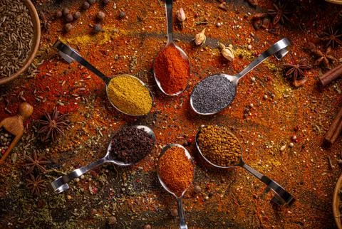 Spices in spoons Stock Photos