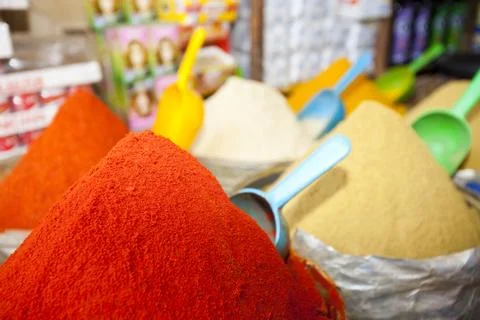 Spices on a stand at a souk in Marrakech, Morocco, North Africa. Stock Photos