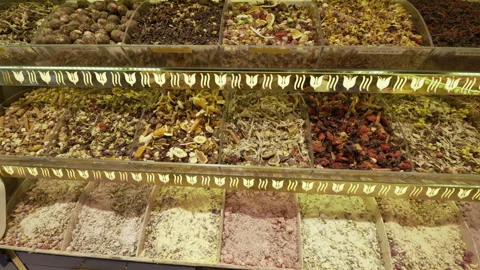 Spices an tea displayed at a bazaar in Istanbul, Turkey Stock Footage 330023020