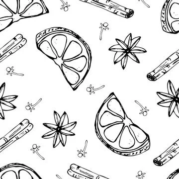 Spices winter seamless pattern black on white background Stock Illustration