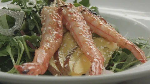 Spicing the fried prawns food composition with the soy sauce Stock Footage 92111305