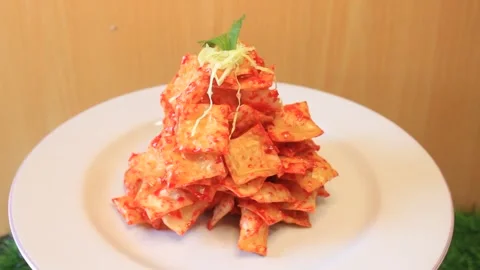 Spicy caramel dumpling dish. a plate of restaurant dishes Stock Footage 334647559