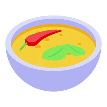 Spicy chili pepper and basil leaf floating in bowl of soup Stock Illustration