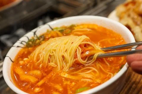 Spicy Corn Noodle Soup at Korean Chinese style Restaurant 스톡 사진