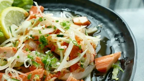 Spicy crab stick salad Stock Footage