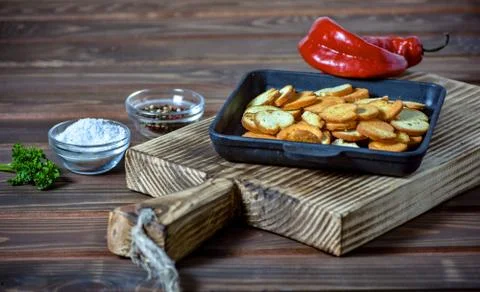 Spicy Crispy Rye Crouton Bread selective focus. Stock Photos