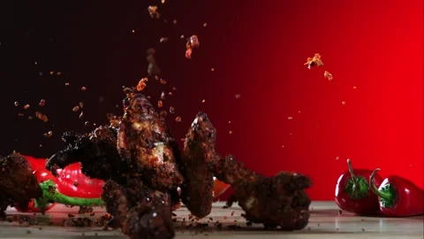 Spicy Fried Chicken Wings Falling And Bouncing On A Wooden Table Stock Footage 326291664