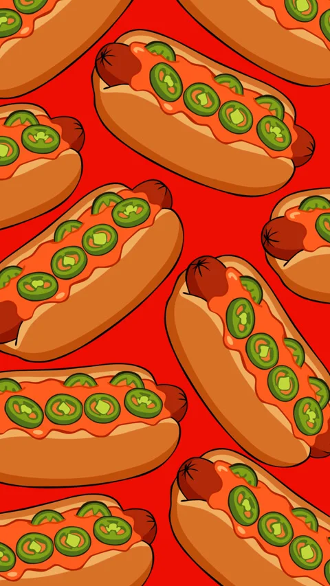 Spicy Jalapeno Hot Dog Pattern on Red Background Stock Footage 337356653