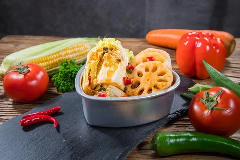 Spicy lotus root salad with assorted vegetables Stock Photos
