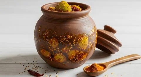 Spicy Mango Pickle in Rustic Clay Pot with Spices Stock Photos