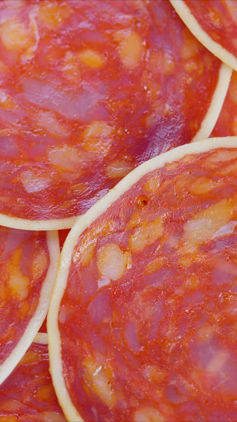 Spicy meat presentation, Overlapping spicy chorizo with marbled meat and cheese Stock Footage 325695651
