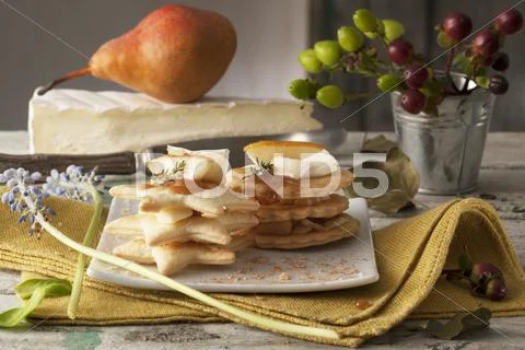 Spicy mille feuilles with pear and cheese Stock Photos