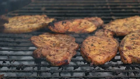 Spicy Pork Beef Bacon Being Grilled Over Bright Glowing Coals Broasting On Fire Stock Footage 196640907