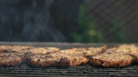 Spicy Pork Beef Bacon Being Grilled Over Bright Glowing Coals Broasting On Fire Stock Footage 196893261