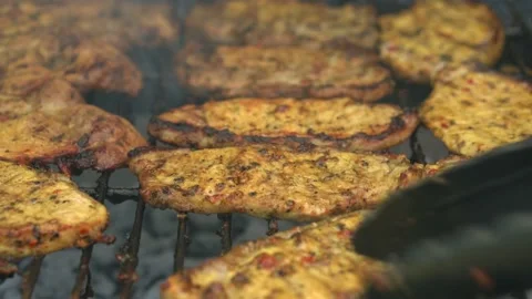 Spicy Pork Beef Bacon Being Grilled Over Bright Glowing Coals Broasting On Fire Stock Footage 196893370