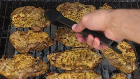 Spicy Pork Beef Bacon Being Grilled Over Bright Glowing Coals Broasting On Fire Stock Footage 196893409