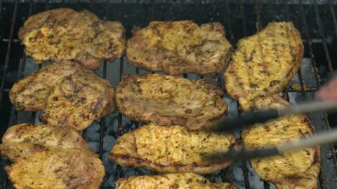Spicy Pork Beef Bacon Being Grilled Over Bright Glowing Coals Broasting On Fire Stock Footage 197004238