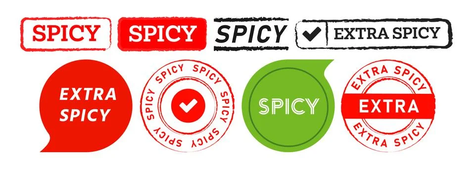 Spicy rectangle circle stamp and speech bubble label sticker for spiciness Stock Illustration