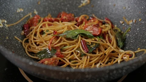 Spicy Spaghetti With bacon. Stock Footage 92097338