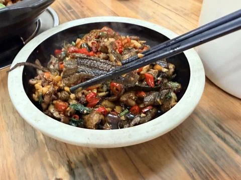 Spicy Stir-Fried Eel with Vegetables in Ceramic Bowl Stock-Fotos
