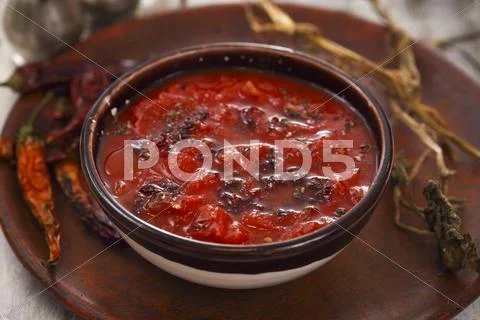 Spicy tomato soup with chilli Stock Photos