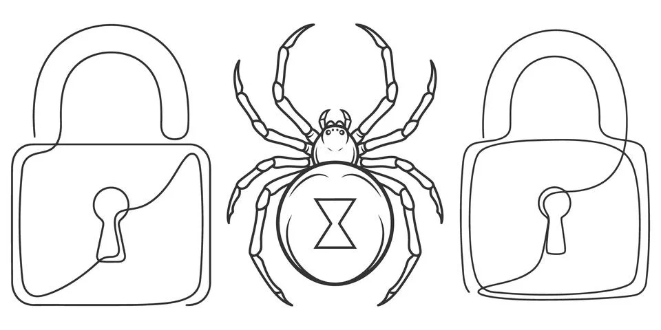 Spider and padlock security concept, black line art. Stock Illustration