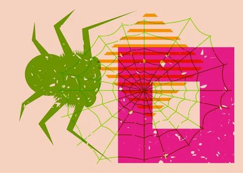 Spider and spider web with geometric shapes. Object in trendy riso graph de.. Stock Illustration