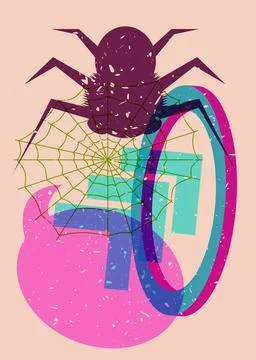 Spider and spider web with speech bubble and geometric shapes. Object in tr.. Stock Illustration