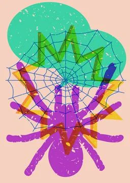 Spider and spider web with speech bubble and geometric shapes. Object in tr.. Stock Illustration