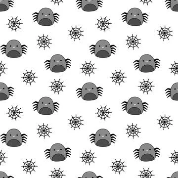 Spider and web on seamless pattern. Squishmallow. Cute spider. Kawaii, Vector Stock Illustration