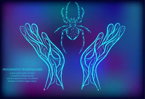 Spider between two human hands.Spider dangerous,arachnids. Web security virus Stock Illustration