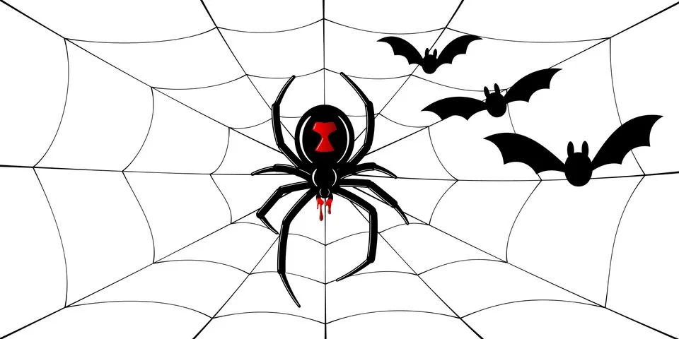 Spider Black Widow, cobweb, bats. Red black spider 3D, spiderweb, isolated wh Stock Illustration