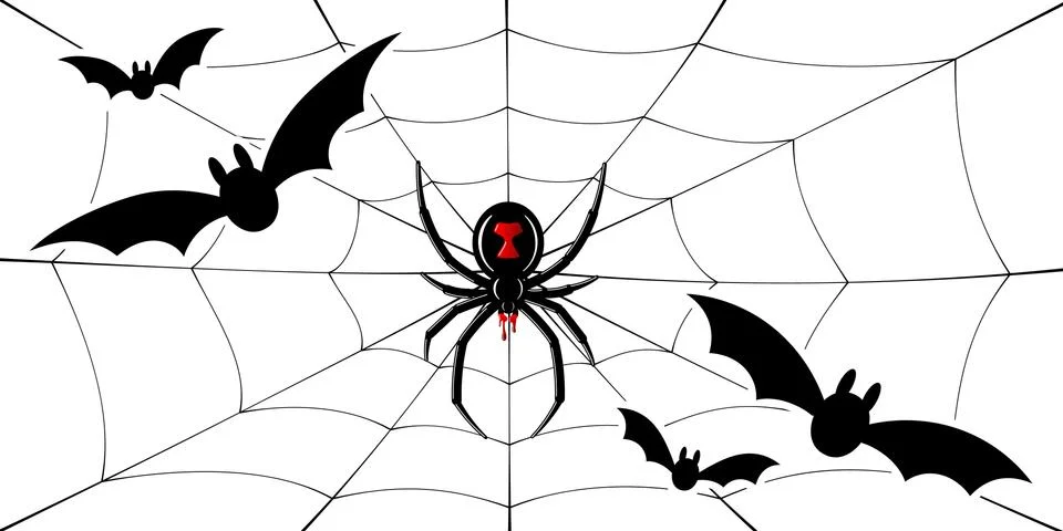 Spider Black Widow, cobweb, bats. Red black spider 3D, spiderweb, isolated wh Stock Illustration