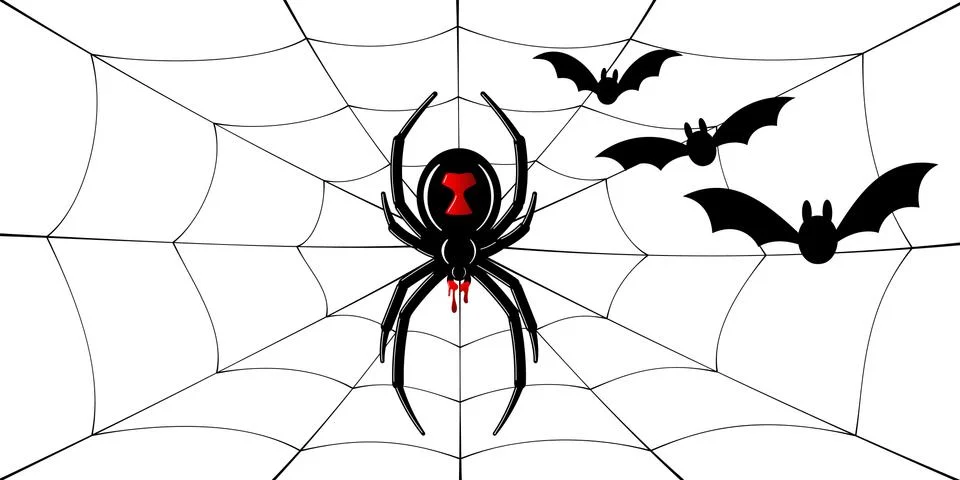 Spider Black Widow, cobweb, bats. Red black spider 3D, spiderweb, isolated wh Stock Illustration
