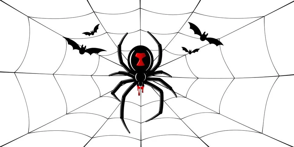 Spider Black Widow, cobweb, bats. Red black spider 3D, spiderweb, isolated wh Stock Illustration