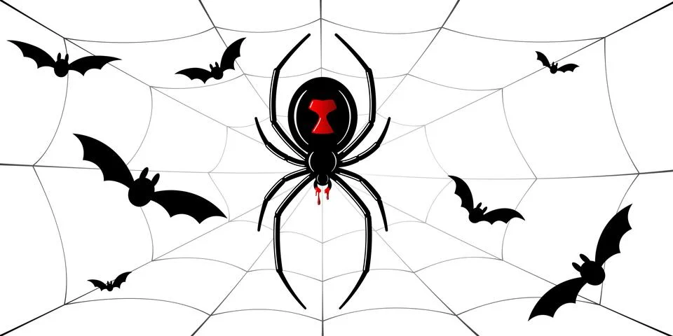 Spider Black Widow, cobweb, bats. Red black spider 3D, spiderweb, isolated wh Stock Illustration