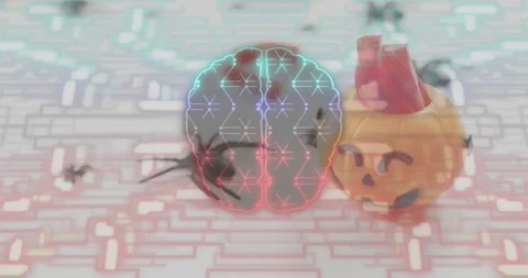 Spider crawling from left and pacing under neon brain and exploring pulses Stock Footage 316963084