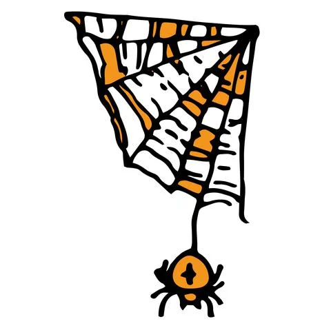 The spider is hanging on a triangular web of orange color. a spider drawing with Ilustración de archivo